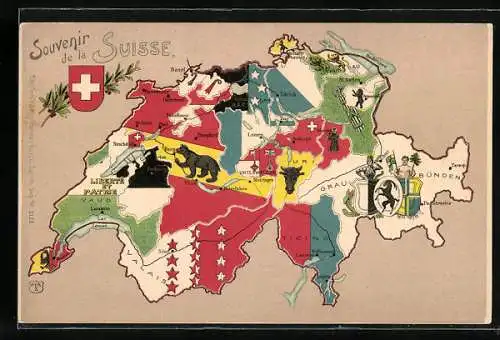 Lithographie Schweiz, Karte des Landes mit Kantonen und Wappen