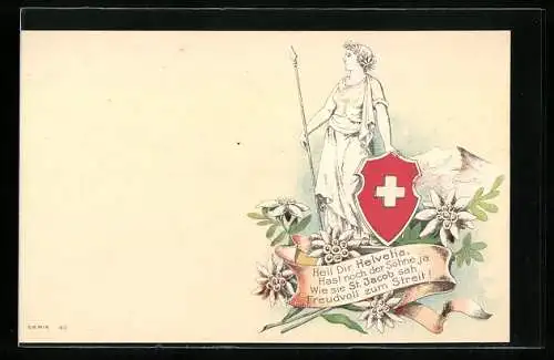 Lithographie Schweiz, Helvetia mit Schwert und Schild