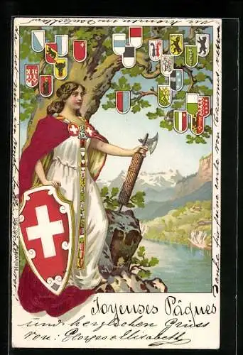 Lithographie Schweiz, Helvetia mit Schweizer Wappen