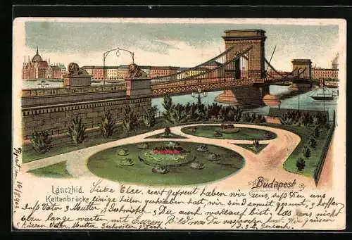 Lithographie Budapest, Lanczhid, Parkanlagen an der Brücke