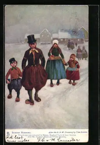 Künstler-AK Raphael Tuck & Sons Nr. 6413: Sunday Morning, Eine Familie in Tracht läuft durch den Schnee zur Kirche