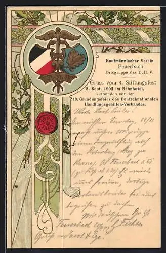 Lithographie Feuerbach / Stuttga, Stiftungsfest des Kaufmännischen Vereins 1903 im Bahnhotel, Wappen, Eichenlaub, Siegel