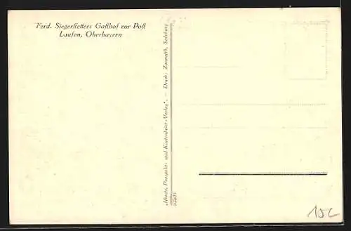 Künstler-AK Laufen /Oberbayern, Ferd. Siegerstetters Gasthof zur Post mit Auto und Kutsche