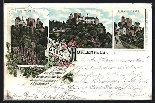 Lithographie Hahnstätten, Gasthof und Pension zur Burg Hohlenfels, Bahnstation Zollhaus