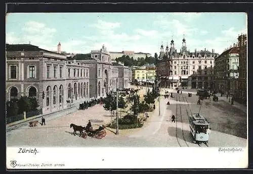 AK Zürich, Bahnhofplatz mit Strassenbahn und Kutsche