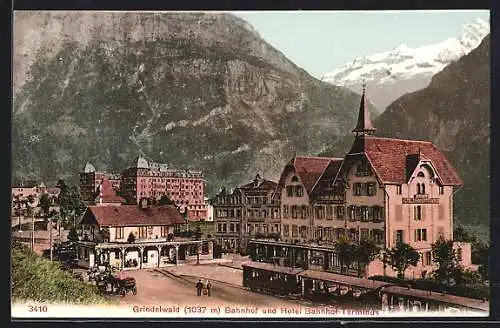 AK Grindelwald, Bahnhof und Hotel Bahnhof-Terminus, Eisenbahn, Pferdekutsche