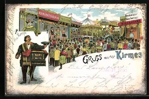 Lithographie Kirmes, Mann mit Leierkasten