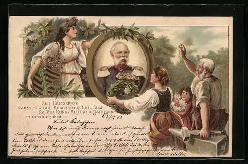 Lithographie König Albert von Sachsen zum 70. Geburtstag am 23.4.1898, Huldigung des Volkes