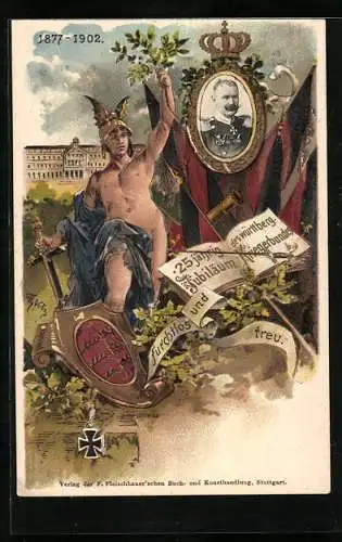 Lithographie Ganzsache PP27C16 /01: König Wilhelm II. von Württemberg, 25 jähriges Kriegerbund Jubiläum 1902