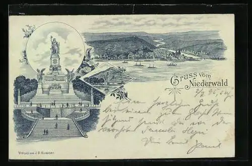 Vorläufer-Mondschein-Lithographie Bingen a. Rh., 1895, Niederwalddenkmal, Ortsansicht