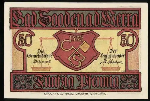 Notgeld Bad Sooden a. d. Werra, 50 Pfennig, Blick durchs Stadttor