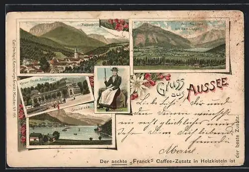 Lithographie Aussee, Kaiser Franz Joseph Bad, Grundlsee, Ortsansicht mit Loser