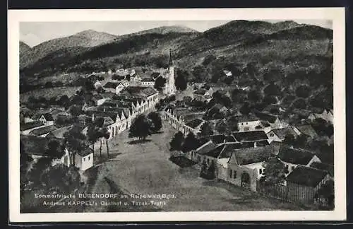 AK Bubendorf /Bgld., Ortsansicht mit Strasse, Kirche und Bergpanorama aus der Vogelschau