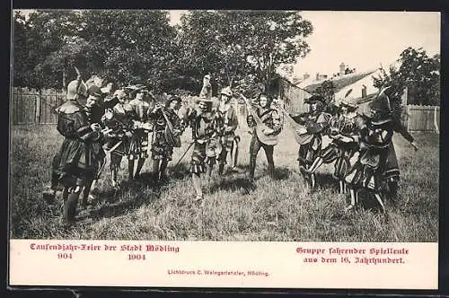 AK Mödling, Tausendjahrfeier 1904, Gruppe fahrender Spielleute aus dem 10. Jahrhundert