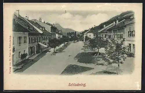 AK Schladming, Strassenansicht mit Geschäften, um 1900