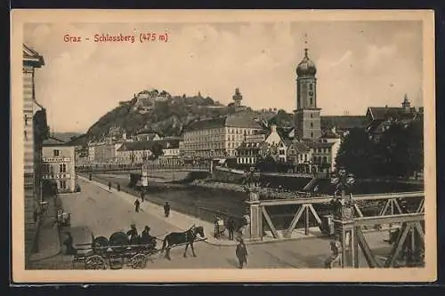 AK Graz, Schlossberg, Brücken, Kirche