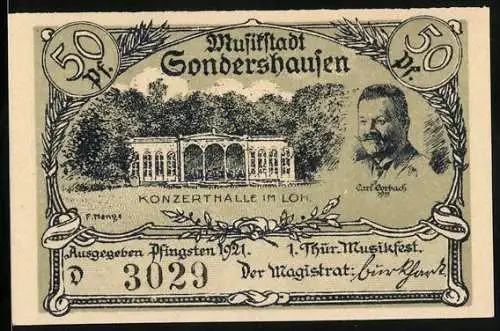 Notgeld Sondershausen 1921, 50 Pfennig, Konzerthalle im Loh, Carl Corbach