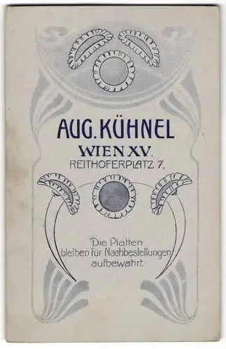 Fotografie Aug. Kühnel, Wien, Reithoferplatz 7, Jugendstil Blumen umranden Fotoatelier Anschrift