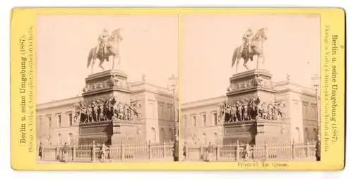 Stereo-Fotografie Artist.-phot. Gesellschaft, Berlin, Ansicht Berlin, Passanten bestaunen Denkmal f. Friedrich der Grosse