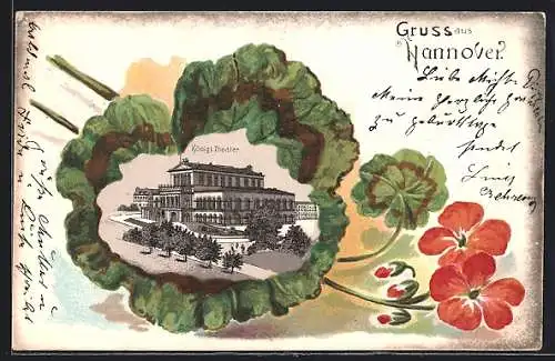 Passepartout-Lithographie Hannover, Kgl. Theater im Blatt einer Blume