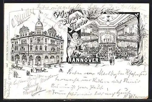 Lithographie Hannover, Apollo-Theater, Aussen- und Innenansicht