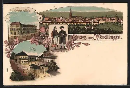 Lithographie Nördlingen, Schrannen-Halle, Bahnhof, Gesamtansicht, Paar in Rieser-Tracht