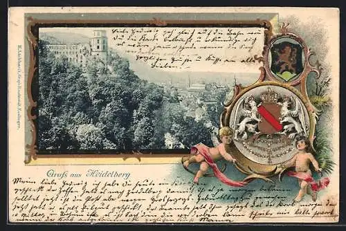 Passepartout-Lithographie Heidelberg, Blick zum Schloss, Wappen