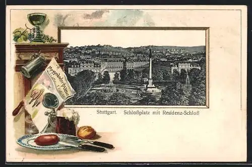 Passepartout-Lithographie Stuttgart, Schlossplatz mit Residenzschloss, Zeitung Meggendorfer Blätter