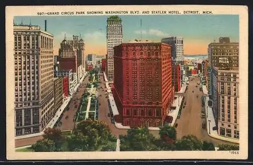 AK Detroit, MI, Grand Circus Park Showing Washington Blvd. and Statler Hotel
