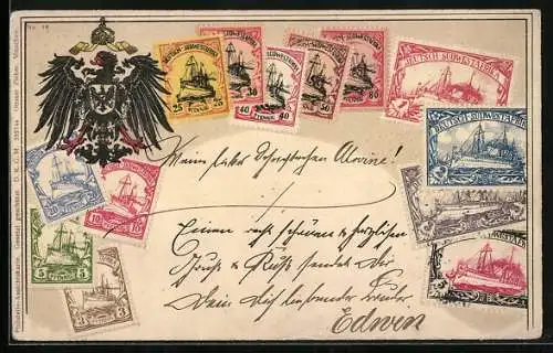 AK Deutsch-Südwestafrika, Briefmarken und Wappen