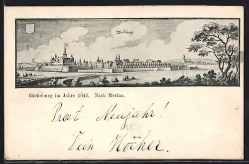 Künstler-AK Bückeburg, Ortsansicht mit Festungsmauer im Jahr 1645, nach Merian