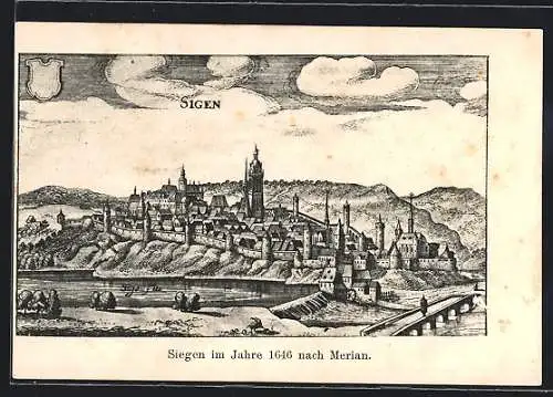 Künstler-AK Siegen, Ortsansicht mit Kirche im Jahr 1646, nach Merian