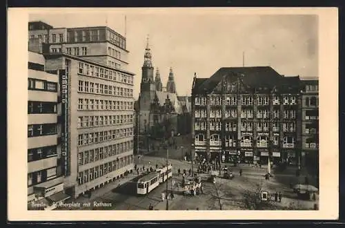 AK Breslau, Strassenbahn am Blücherplatz vor dem Rathaus