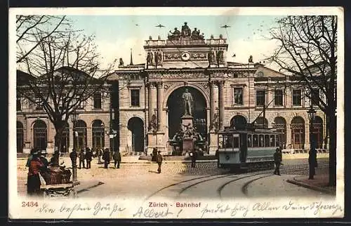 AK Zürich, Bahnhof mit Strassenbahn