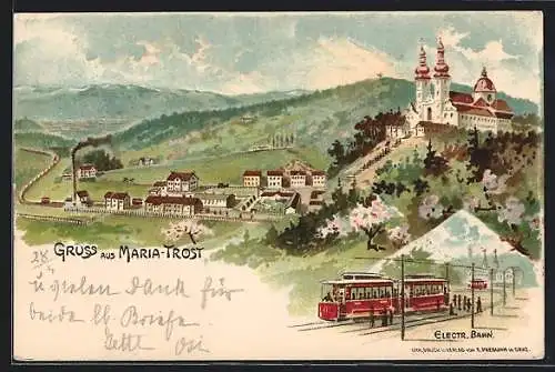 Lithographie Maria-Trost, Panorama und Electr. Bahn