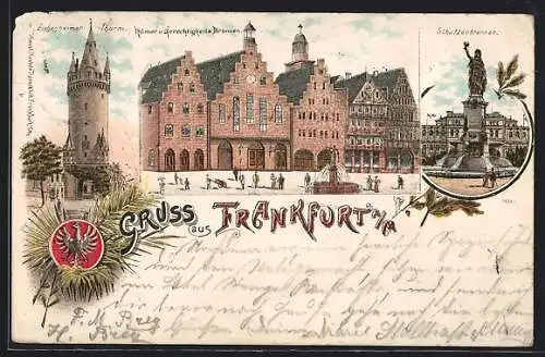 Lithographie Frankfurt a. M., Römer, Eschenheimer Thurm und Schützenbrunnen