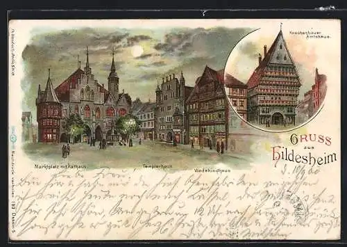 Lithographie Hildesheim, Marktplatz mit Rathaus, Templerhaus, Wedekindhaus