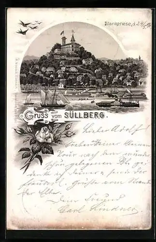 Vorläufer-Lithographie Hamburg-Blankenese, 1891, Totalansicht vom Süllberg