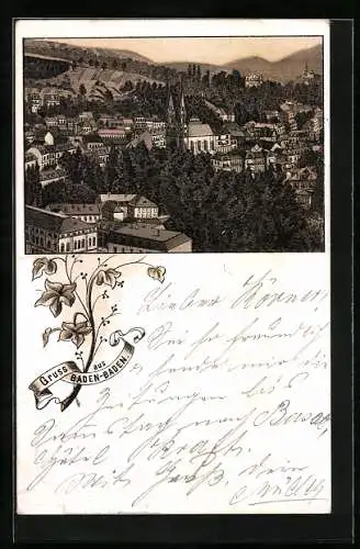 Vorläufer-Lithographie Baden-Baden, 1892, Teilansicht aus der Vogelschau mit Kirche