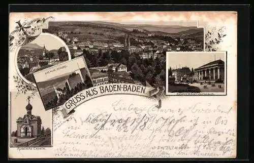 Vorläufer-Lithographie Baden-Baden, 1894, Russische Capelle, Conversationshaus, altes Schloss