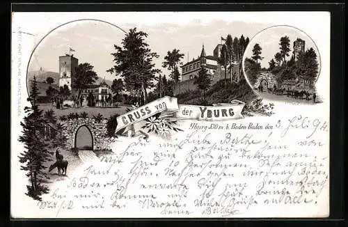 Vorläufer-Lithographie Baden-Baden, 1894, Ansichten der Yburg
