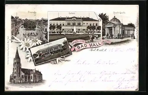 Vorläufer-Lithographie Bad Hall, 1895, Trinkhalle, Tassilo Quelle, Curhaus, Promenade