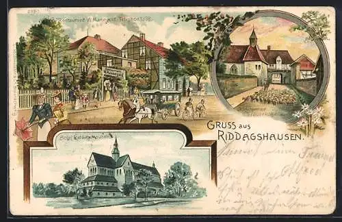 Lithographie Riddagshausen /Braunschweig, Restaurant W. Manegold, Abtei, Schäfer am Klostertor Frauenkapelle