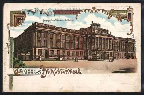 Goldfenster-Lithographie Braunschweig, Herzogliches Residenz-Schloss mit Denkmal