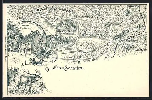 Lithographie Vaihingen /Fildern, Gasthaus zum Schatten, Landkarte mit Kgl. Wildpark mit Jagdschloss