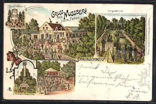 Lithographie Braunschweig, Gasthaus am Nussberg, Schiessstand, Olfermann-Denkmal