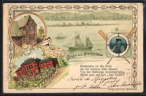 Lithographie Hamburg-Blankenese, Altes Fischerhaus, Realschule, Hannöver`sche Küste