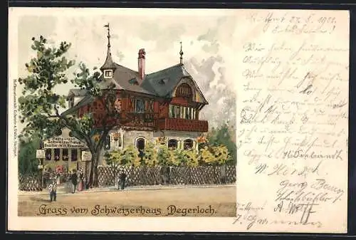 Lithographie Degerloch, Restaurant Schweizerhaus, Bes. Aug. Schmidt