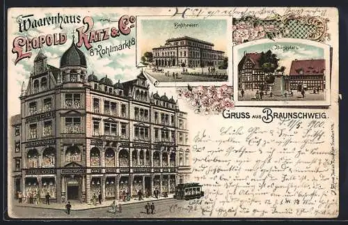 Lithographie Braunschweig, Warenhaus Leopold Katz & Co., Kohlmarkt 8, Hoftheater