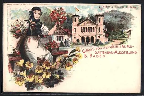 Lithographie Baden-Baden, Jubiläums-Gartenbau-Ausstellung, Mädchen in Tracht mit Blumen